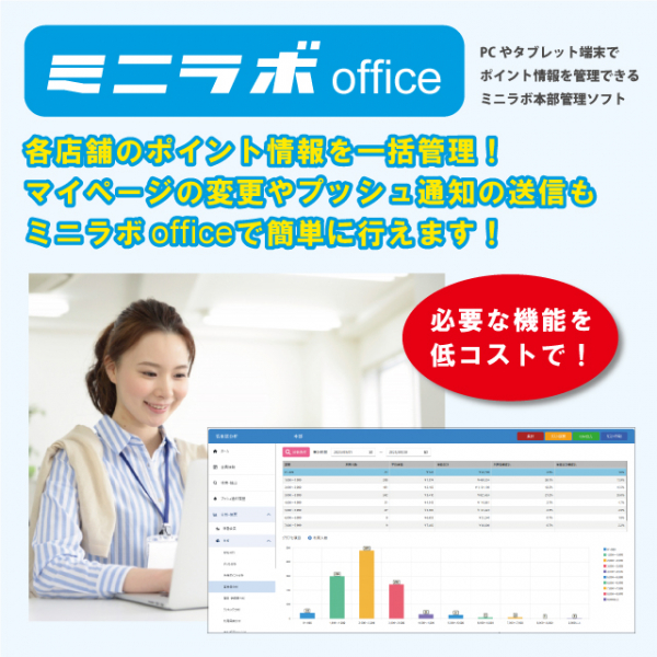 ミニラボ専用の本部管理ソフト「ミニラボoffice」
パソコンやタブレット端末でポイント情報を管理できるソフトウェア